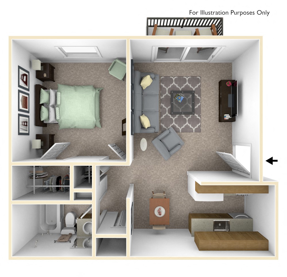 Floor plan for 1 bed, 1 bath, 575 sqft